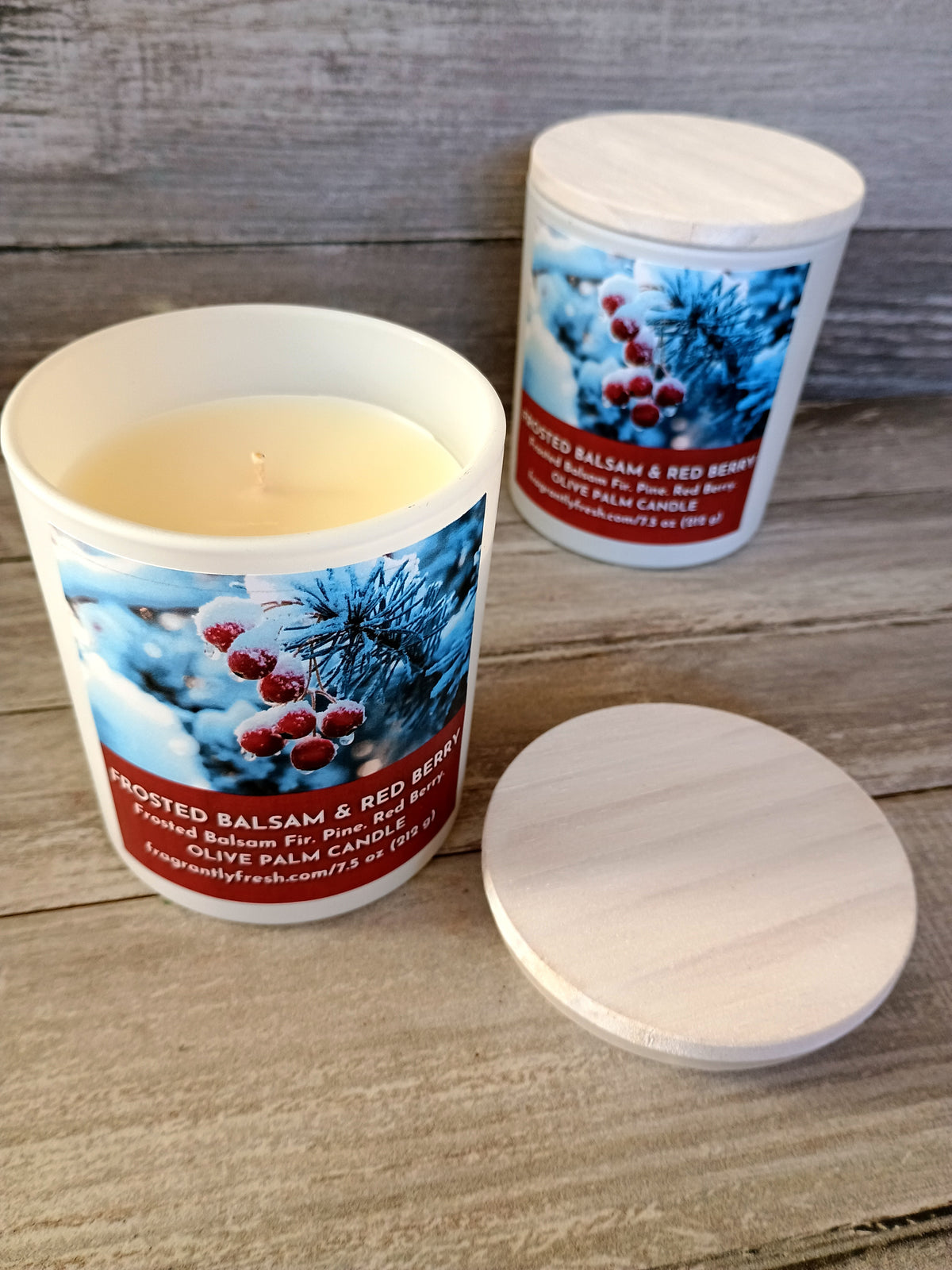 FROSTED BALSAM &amp; RED BERRY (7.5 oz Palm &amp; Olive Wax Candle)